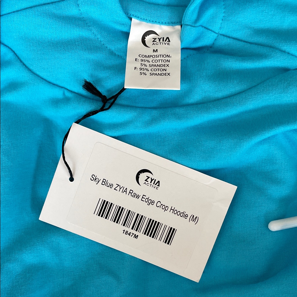 Zyia Active Raw Edge Crop Hoodie Embroidered Logo In Sky Blue Size M Nwt — image 7 of 8